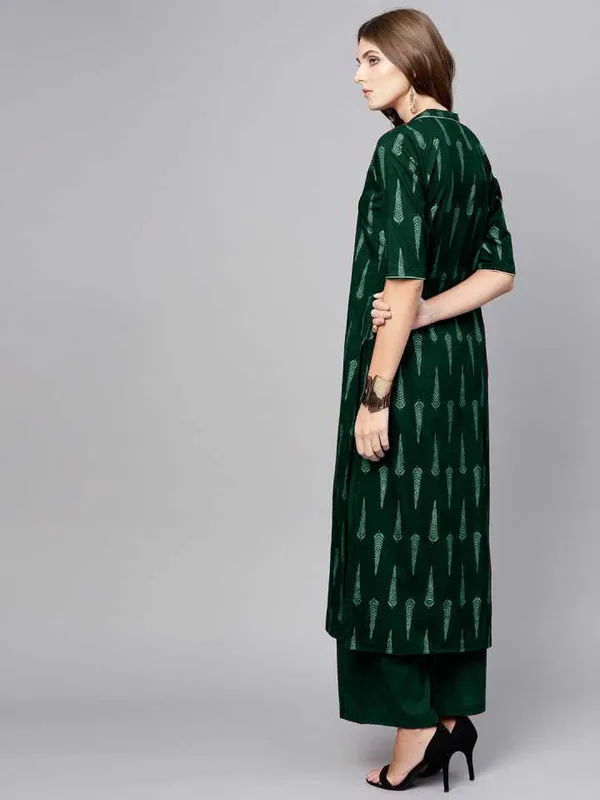 Green_Printed_3/4_Sleeve_Rayon_Kurti_Pant_For_Women