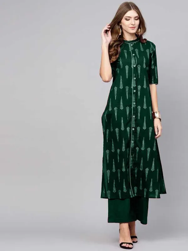 Green_Printed_3/4_Sleeve_Rayon_Kurti_Pant_For_Women