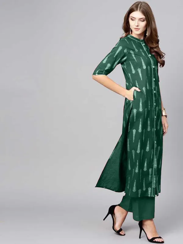 Green_Printed_3/4_Sleeve_Rayon_Kurti_Pant_For_Women