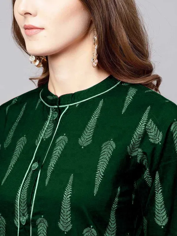 Green_Printed_3/4_Sleeve_Rayon_Kurti_Pant_For_Women