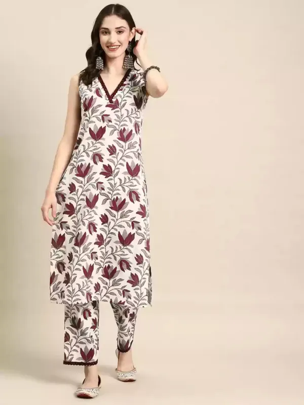Maroon_Floral_Print_Pure_Cotton_Sleeveless_Kurta_Pant_Set_For_Women