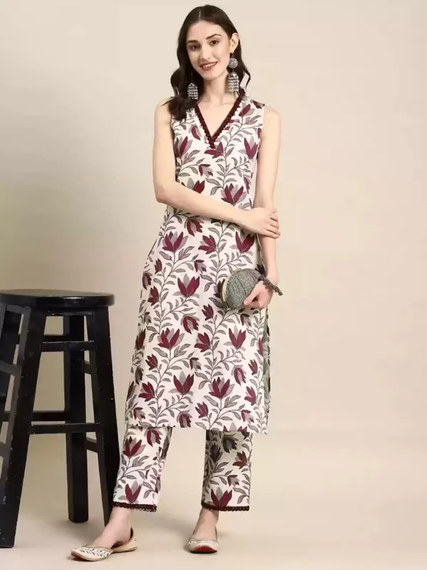 Maroon_Floral_Print_Pure_Cotton_Sleeveless_Kurta_Pant_Set_For_Women