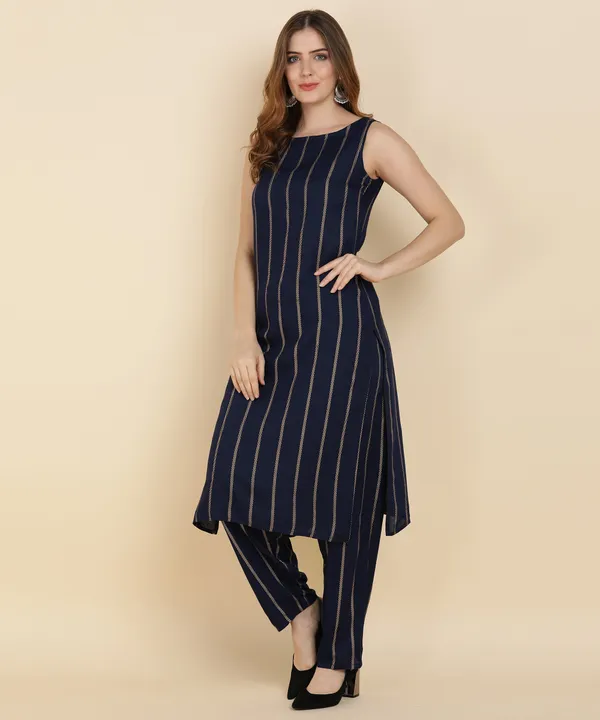 Blue_Striped_Viscose_Rayonsleeveless_Kurta_Pant_Set_For_Women