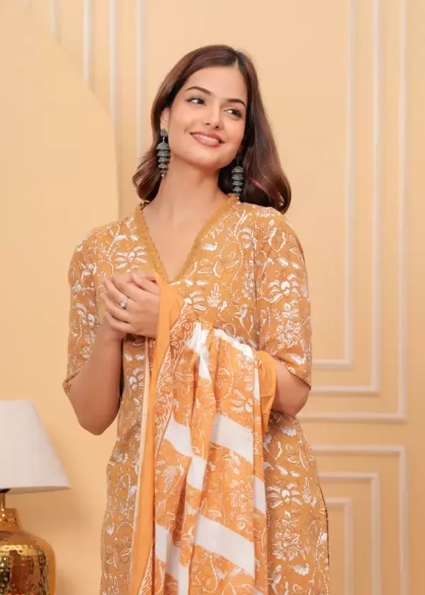 Orange_Casual_Wear_Women_Cotton_Kurta_Pant_Set_With_Dupatta
