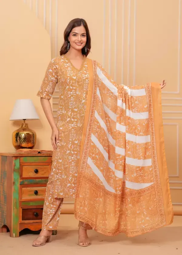 Orange_Casual_Wear_Women_Cotton_Kurta_Pant_Set_With_Dupatta