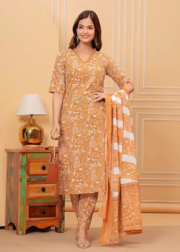 Orange_Casual_Wear_Women_Cotton_Kurta_Pant_Set_With_Dupatta