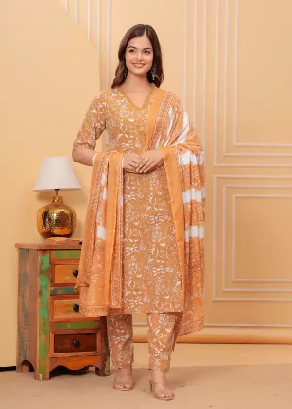 Orange_Casual_Wear_Women_Cotton_Kurta_Pant_Set_With_Dupatta