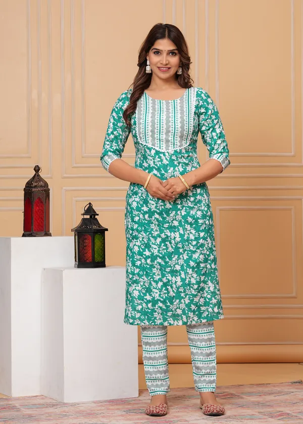 Blue_Floral_Print_3/4_Sleeve_Pure_Cotton_Kurti_Pant_Set_For_Women