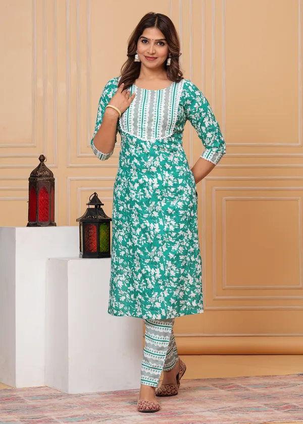 Blue_Floral_Print_3/4_Sleeve_Pure_Cotton_Kurti_Pant_Set_For_Women