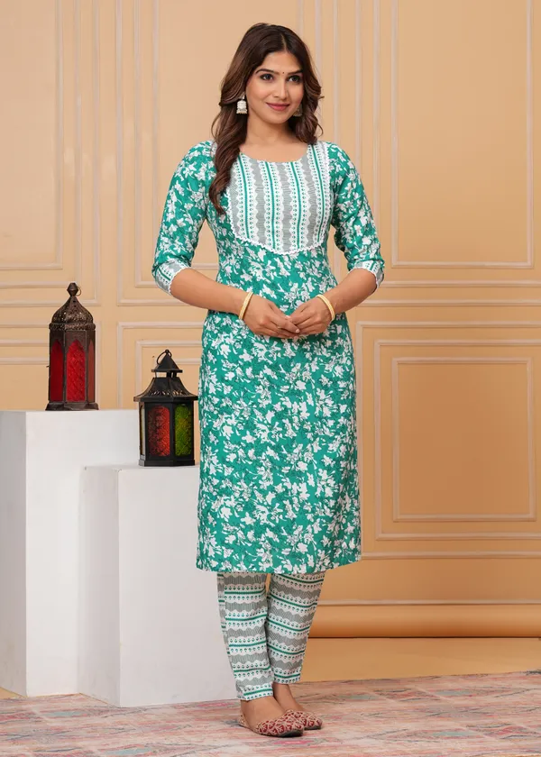 Blue_Floral_Print_3/4_Sleeve_Pure_Cotton_Kurti_Pant_Set_For_Women