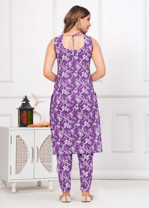 Purple_Floral_Print_Pure_Cottonsleeveless_Kurta_Pant_Set_For_Women