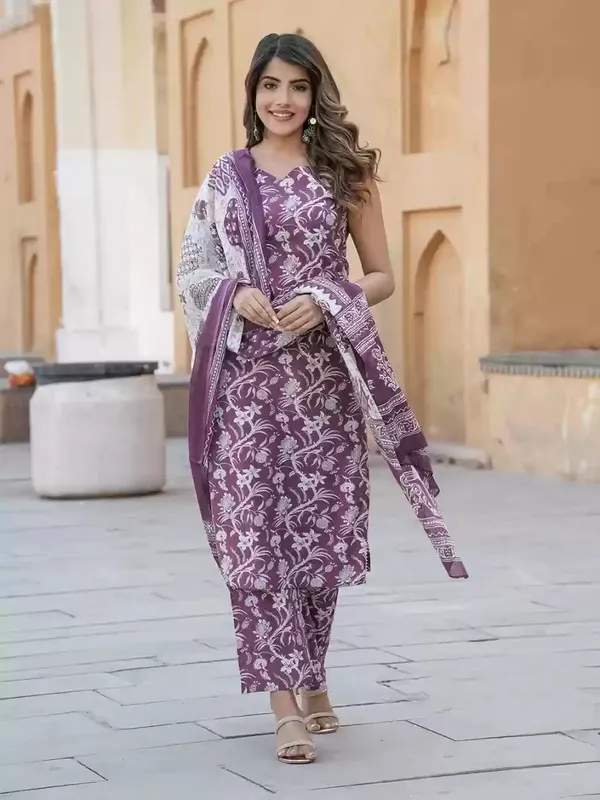 Purple_Pure_Cotton_Sleeveless_Printed_Kurti_Pant_Dupatta_Set_For_Women