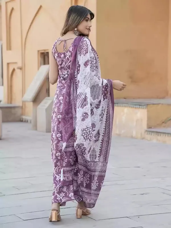 Purple_Pure_Cotton_Sleeveless_Printed_Kurti_Pant_Dupatta_Set_For_Women