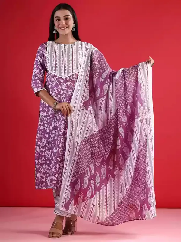 Purple_Printed_3/4_Sleeve_Rayon_Kurta_Pant_Dupatta_Set_For_Women