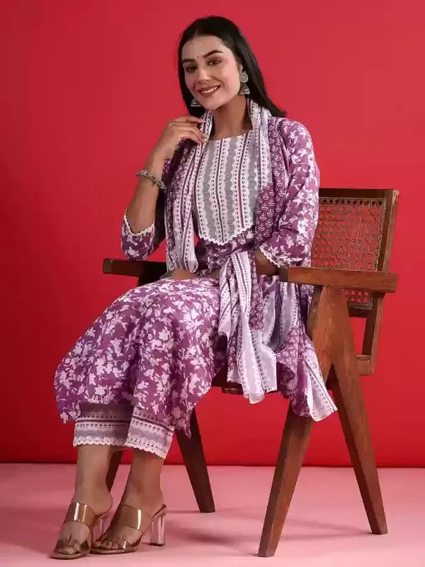 Purple_Printed_3/4_Sleeve_Rayon_Kurta_Pant_Dupatta_Set_For_Women