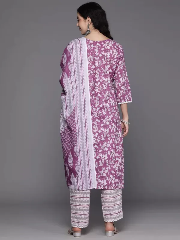 Purple_Printed_3/4_Sleeve_Rayon_Kurta_Pant_Dupatta_Set_For_Women