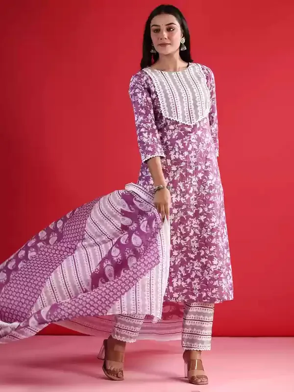 Purple_Printed_3/4_Sleeve_Rayon_Kurta_Pant_Dupatta_Set_For_Women