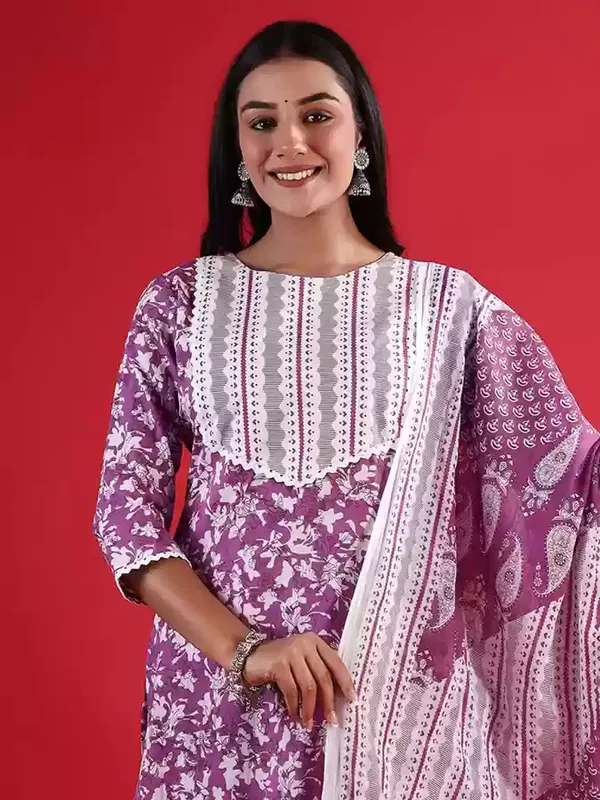 Purple_Printed_3/4_Sleeve_Rayon_Kurta_Pant_Dupatta_Set_For_Women