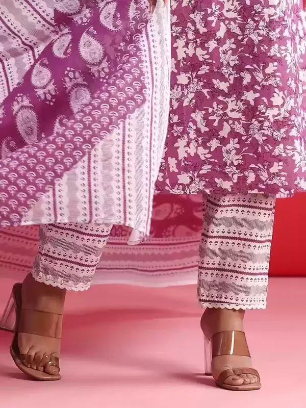 Purple_Printed_3/4_Sleeve_Rayon_Kurta_Pant_Dupatta_Set_For_Women