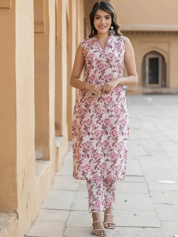 Purple_And_Pink_Printed_Sleeveless_Rayon_Kurti_Pant_For_Women