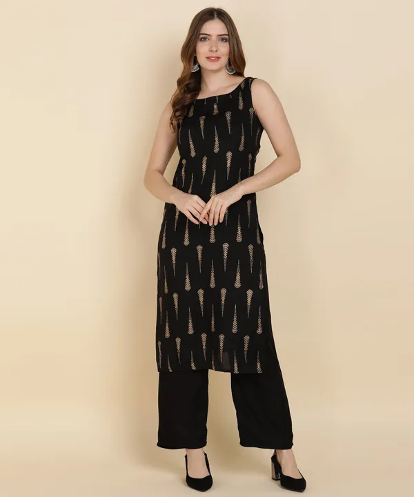 Black_Printed_Sleeveless_Rayon_Kurta_Pant_For_Women