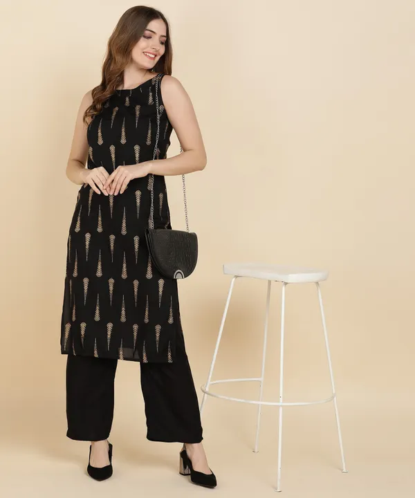 Black_Printed_Sleeveless_Rayon_Kurta_Pant_For_Women