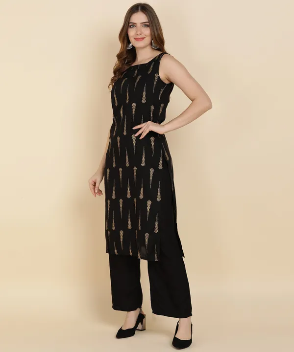 Black_Printed_Sleeveless_Rayon_Kurta_Pant_For_Women