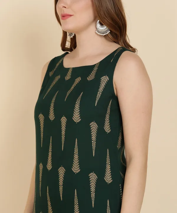 Green_Printed_Viscose_Rayon_Sleeveless_Kurti_Pant_Set_For_Women