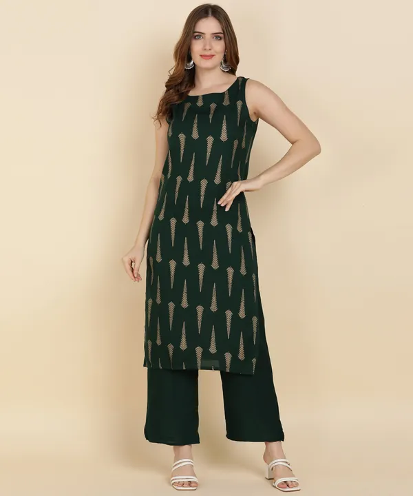 Green_Printed_Viscose_Rayon_Sleeveless_Kurti_Pant_Set_For_Women