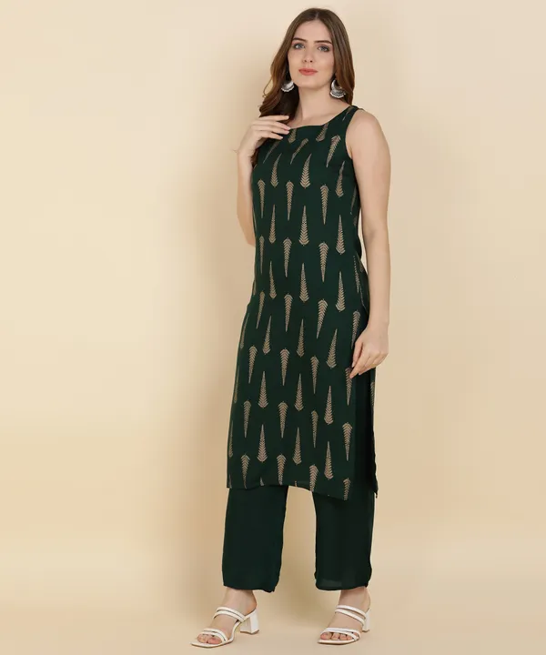 Green_Printed_Viscose_Rayon_Sleeveless_Kurti_Pant_Set_For_Women