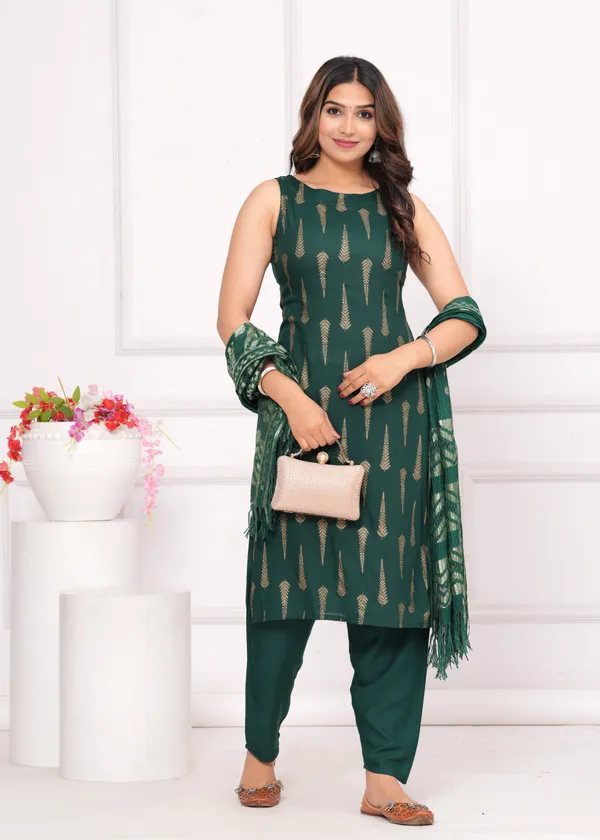 Green_Printed_Sleeveless_Cotton_Rayon_Kurta_Pant_Dupatta_Set_For_Women