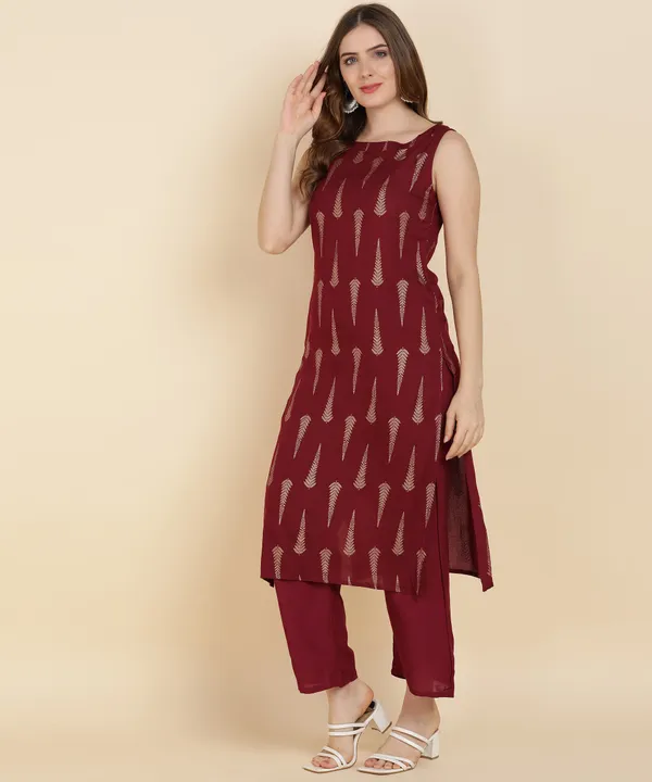 Maroon_Printed_Sleeveless_Rayon_Kurta_Pant_For_Women