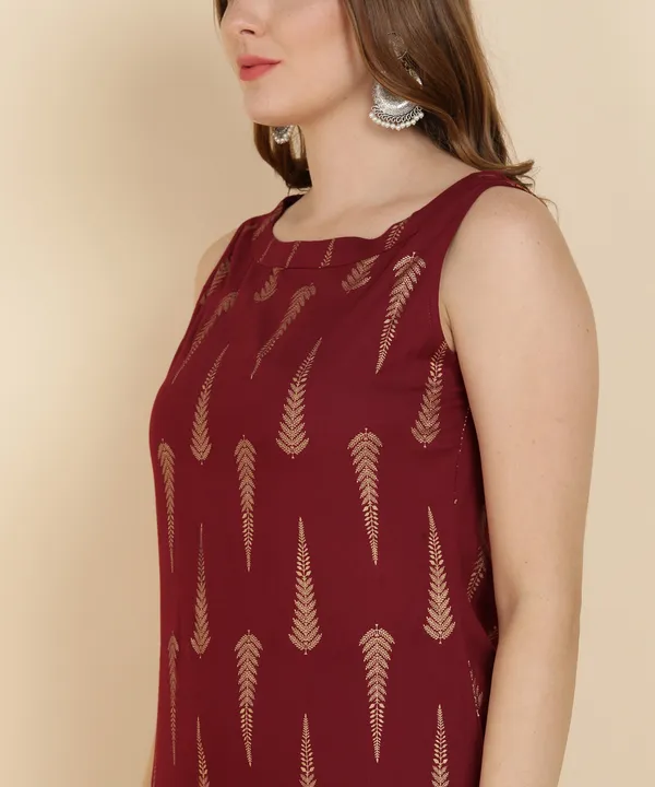 Maroon_Printed_Sleeveless_Rayon_Kurta_Pant_For_Women