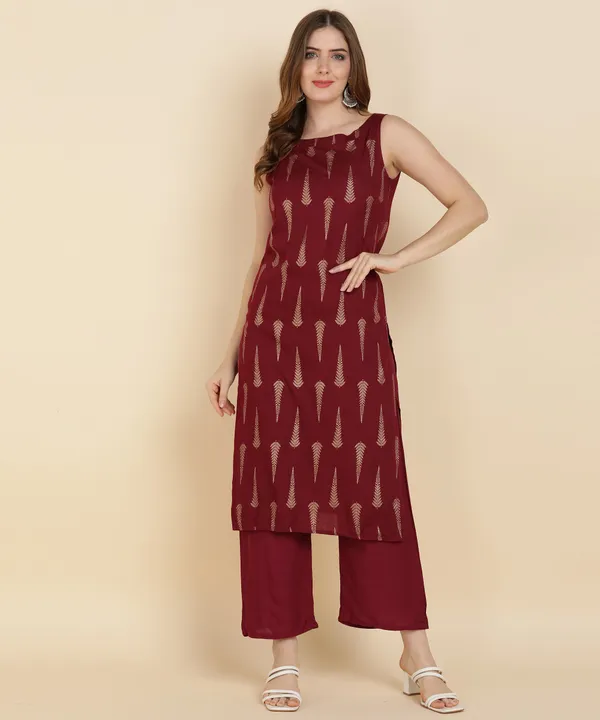 Maroon_Printed_Sleeveless_Rayon_Kurta_Pant_For_Women