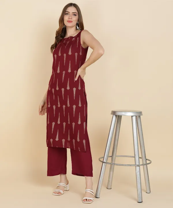 Maroon_Printed_Sleeveless_Rayon_Kurta_Pant_For_Women