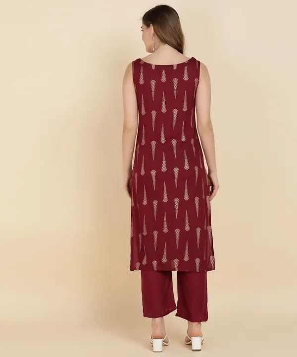 Maroon_Printed_Sleeveless_Rayon_Kurta_Pant_For_Women