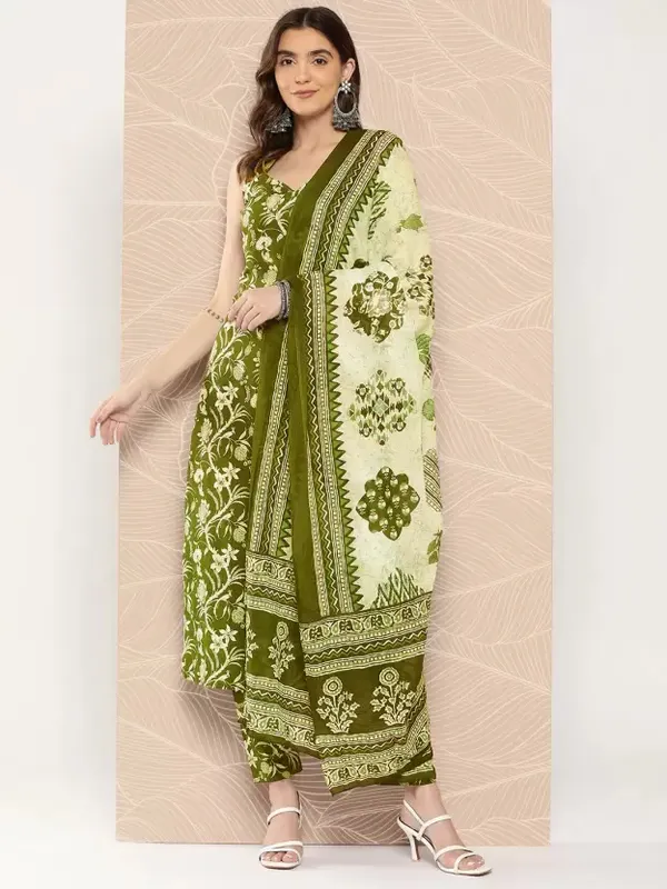 Green_Printed_Pure_Cotton_Sleeveless_Kurta_Pant_Dupatta_Set_For_Women