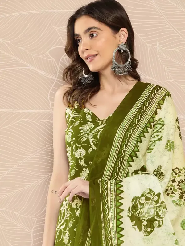 Green_Printed_Pure_Cotton_Sleeveless_Kurta_Pant_Dupatta_Set_For_Women