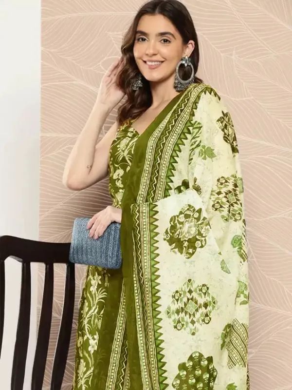 Green_Printed_Pure_Cotton_Sleeveless_Kurta_Pant_Dupatta_Set_For_Women