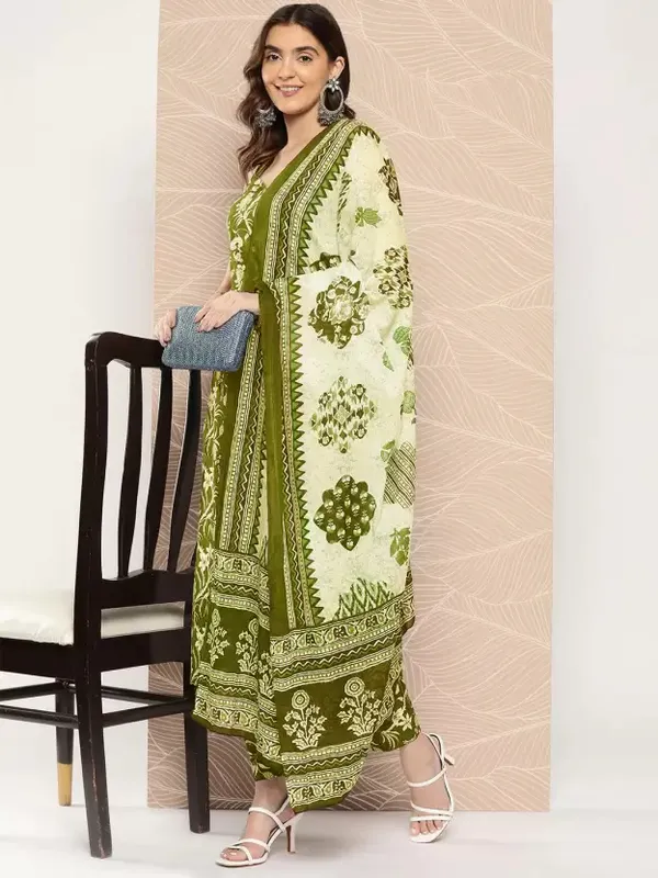 Green_Printed_Pure_Cotton_Sleeveless_Kurta_Pant_Dupatta_Set_For_Women