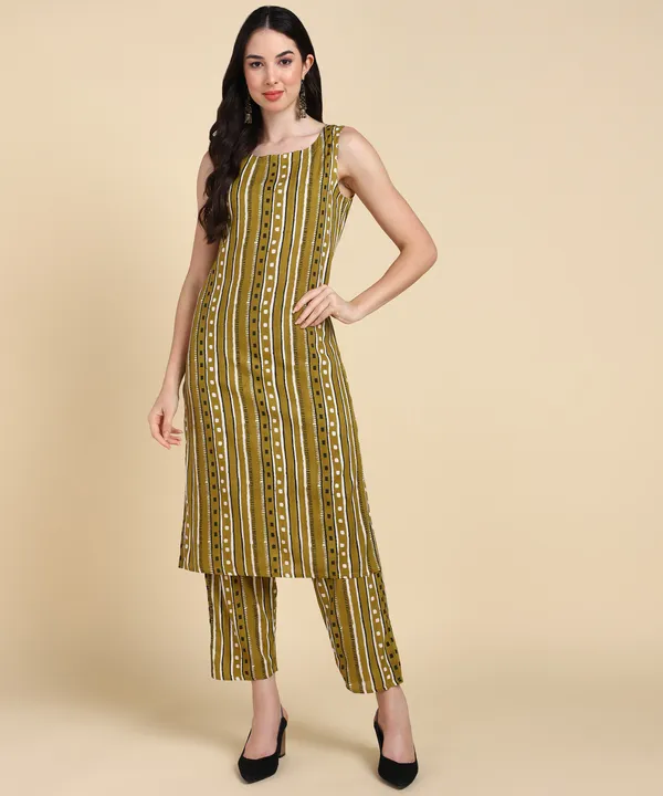 Green_Striped_Sleeveless_Rayon_Kurta_Pant_For_Women