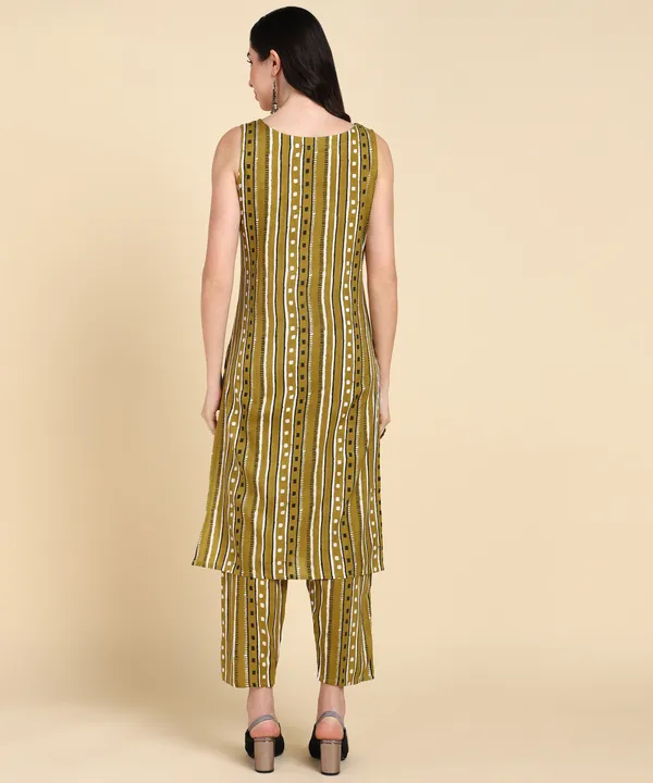 Green_Striped_Sleeveless_Rayon_Kurta_Pant_For_Women