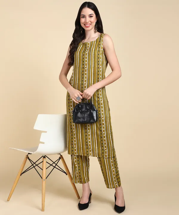 Green_Striped_Sleeveless_Rayon_Kurta_Pant_For_Women
