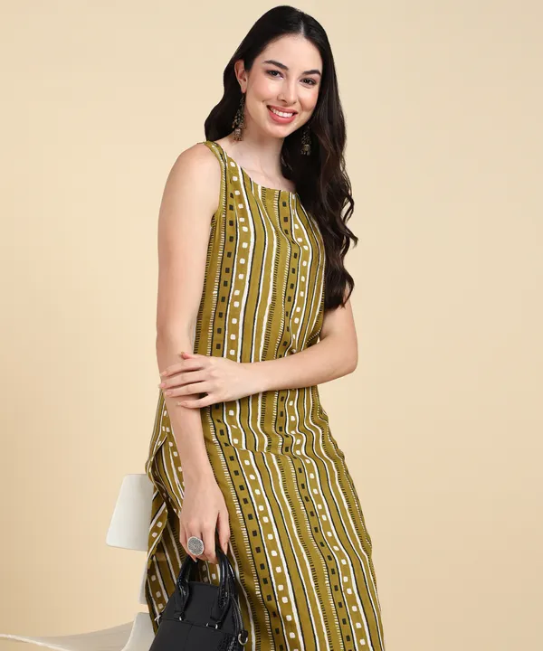 Green_Striped_Sleeveless_Rayon_Kurta_Pant_For_Women