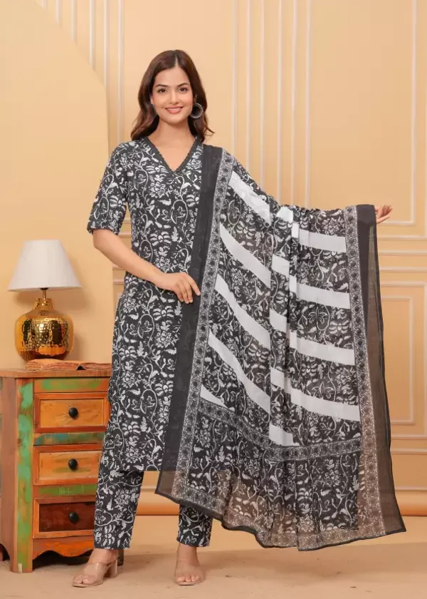 Black_Casual_Wear_Women_Cotton_Kurta_Pant_Set_With_Dupatta