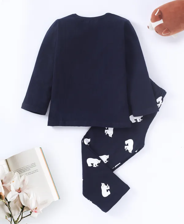 Kids_Premium_Cotton_Full_Sleeves_Bear_Printed_Tshirt_&_Pyjama_Set_-_Navy_Blue