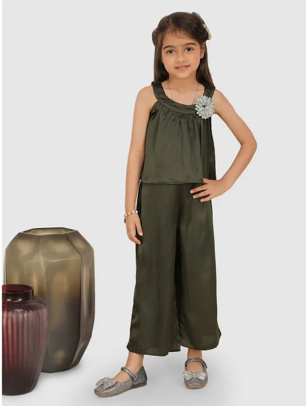 Green_Solid_Casual_Casual_Top_Pant_For_Girls