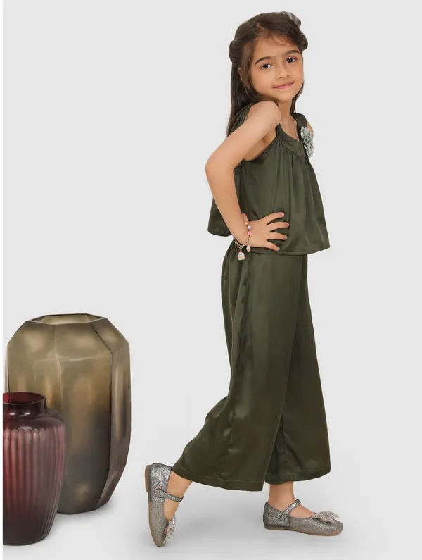 Green_Solid_Casual_Casual_Top_Pant_For_Girls