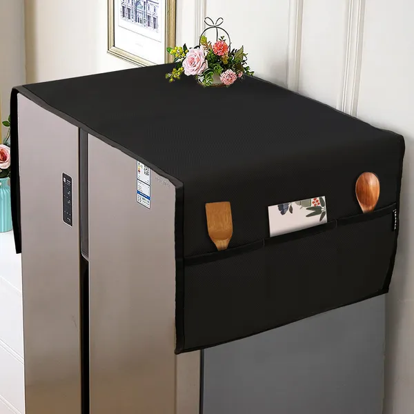 NABAAT_Fridge_Cover_for_Double_Door_Refrigerator_Kitchen_Decor_Durable_Dustproof_Waterproof_Modern_Design_with_6_Side_Pockets_for_Kitchen_Accessories_-_170_x_65cm_(Black)