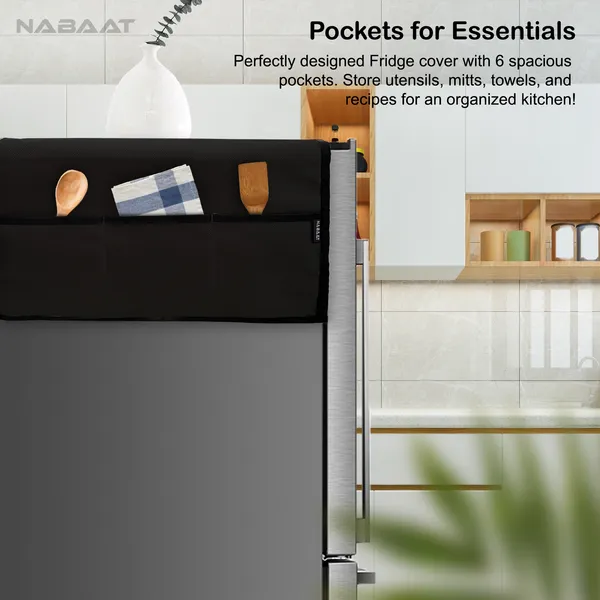 NABAAT_Fridge_Cover_for_Double_Door_Refrigerator_Kitchen_Decor_Durable_Dustproof_Waterproof_Modern_Design_with_6_Side_Pockets_for_Kitchen_Accessories_-_170_x_65cm_(Black)